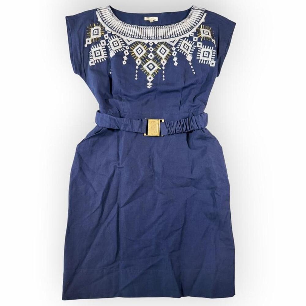 Shoshanna Navy Blue Embroidered Belted Shift Dress Womens 8 Cap Sleeve Boho Gold